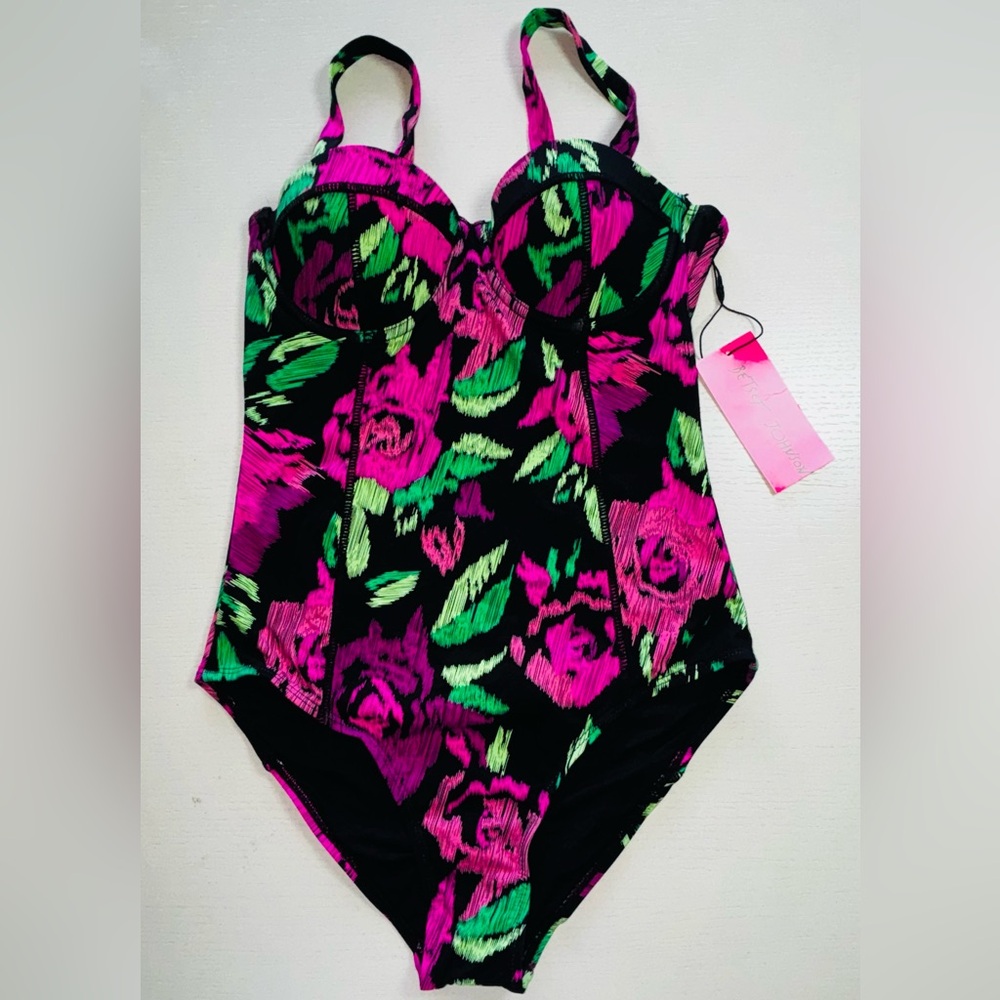 Betsey Johnson Black One-Piece Swimsuit with Pink & Green Floral Print MSRP-$128